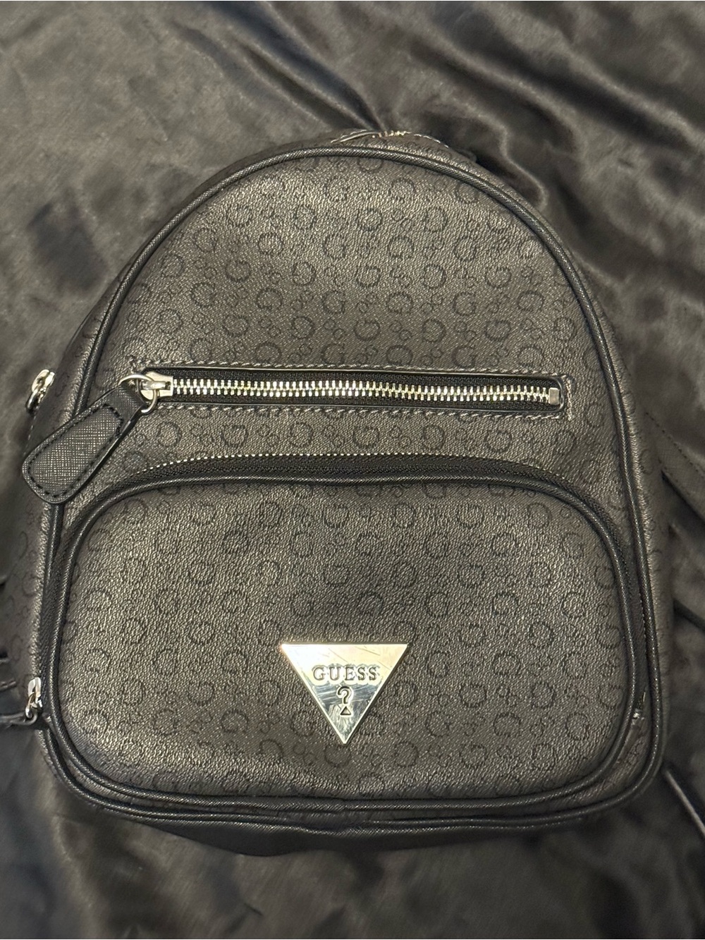 GUESS Black Mini Logo-Print Backpack with Silver Hardware